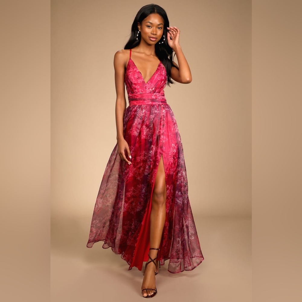 Romance That Wows Magenta Floral Print Organza Maxi Dress